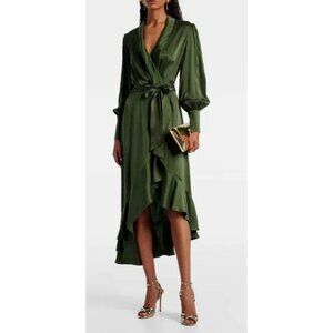 Gilli Olive Satin Wrap Dress High Low Ruffle Hem M New